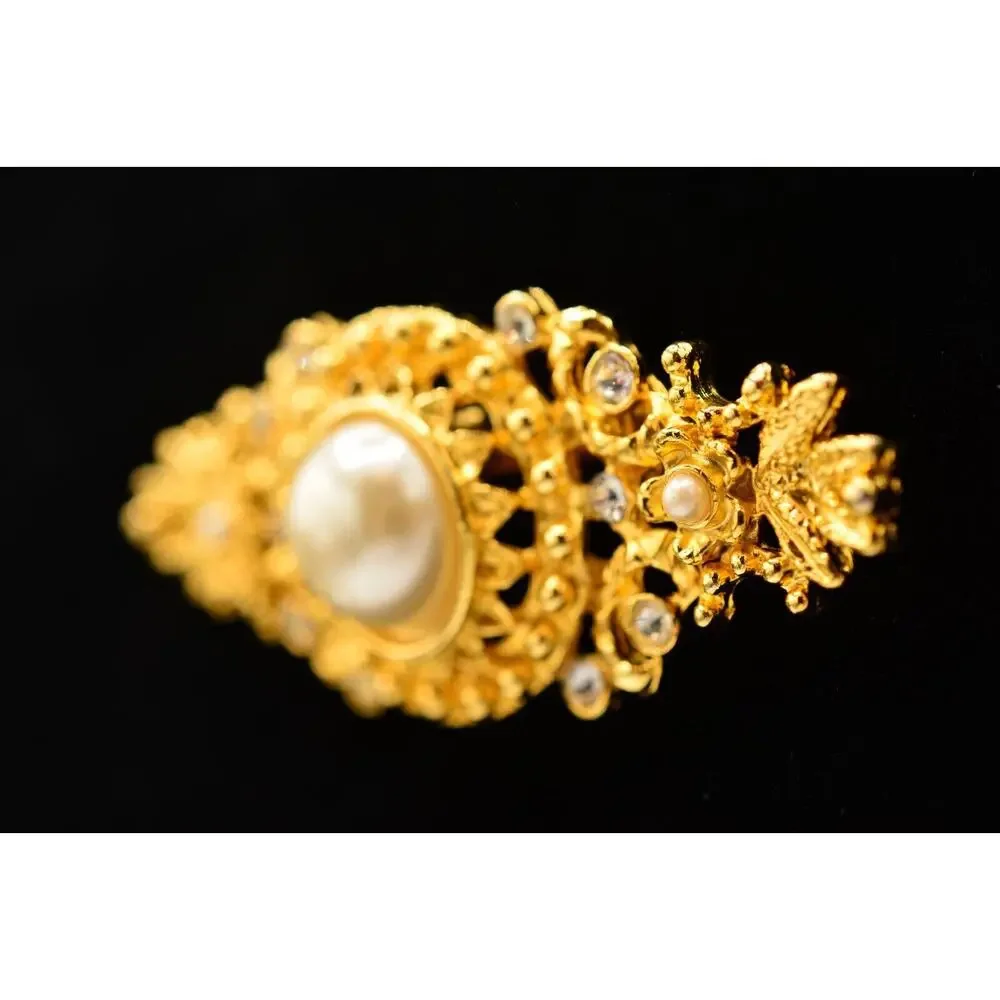 Vintage Pin Brooch Brushed Gold White Pearl Bar Rhinestone Crystal 1980s BinAL